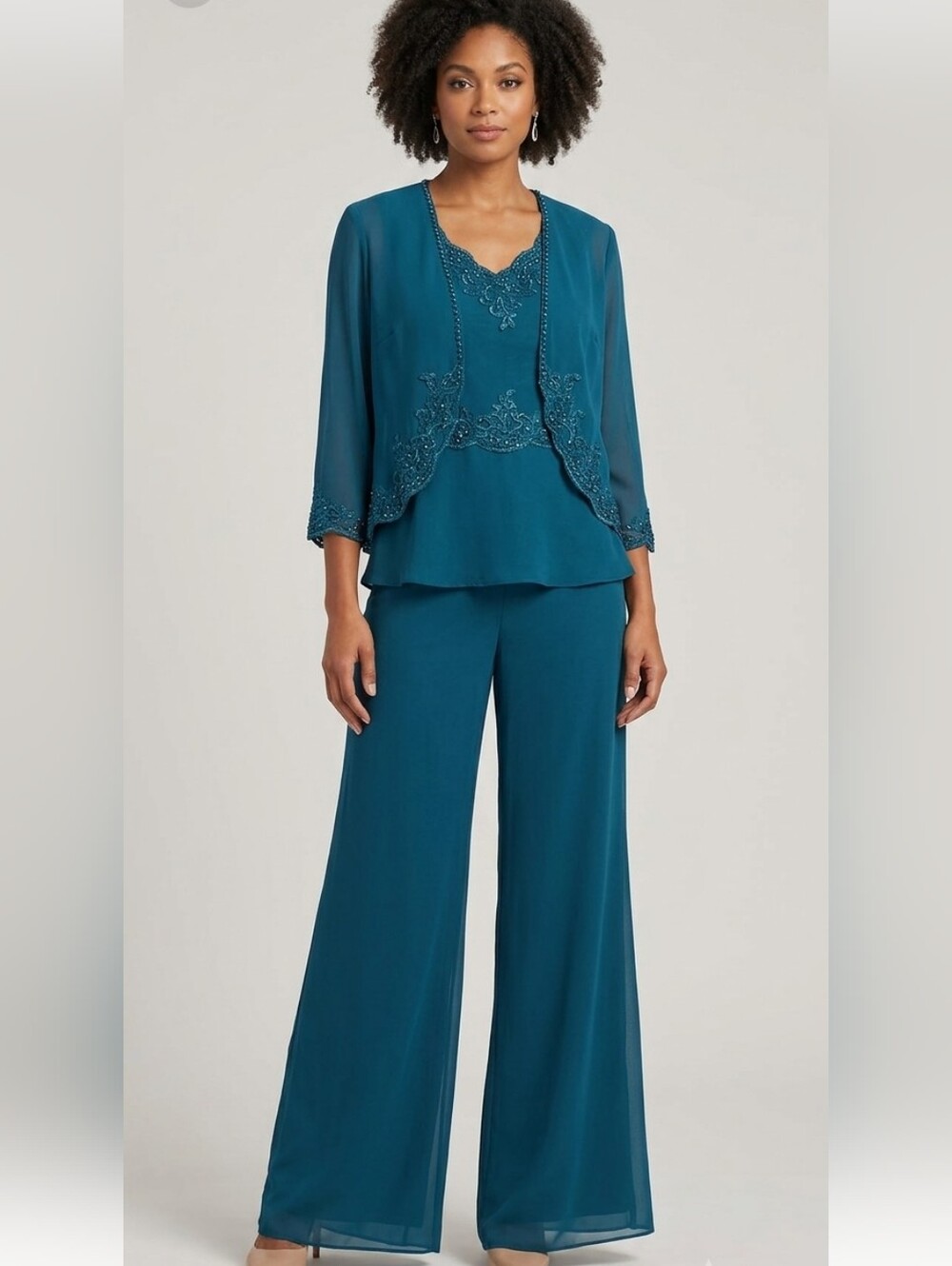 Women's Blue Embellished Women's 3 Piece Formal Chiffon Pants Set. Size 10